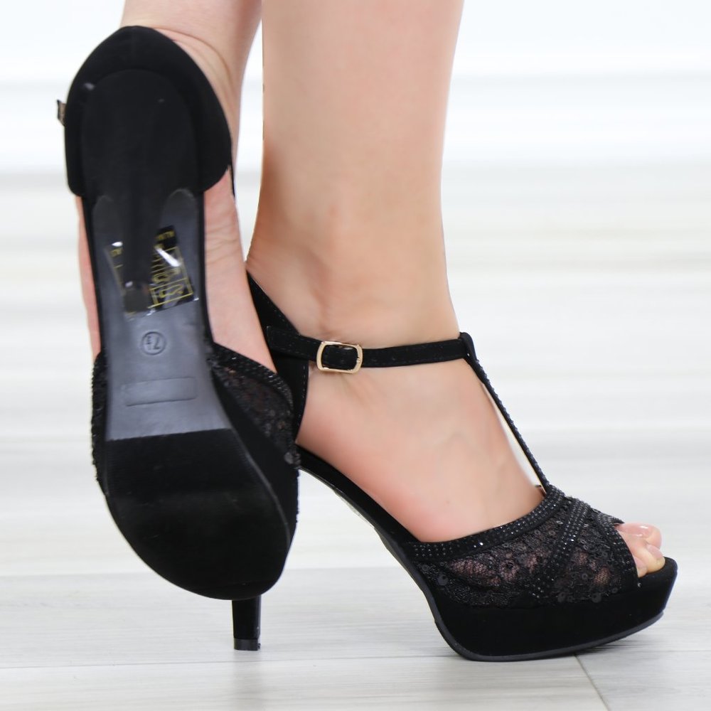 Velvet Platform Heeled Sandals Transparent Lace - Picture 4 of 9